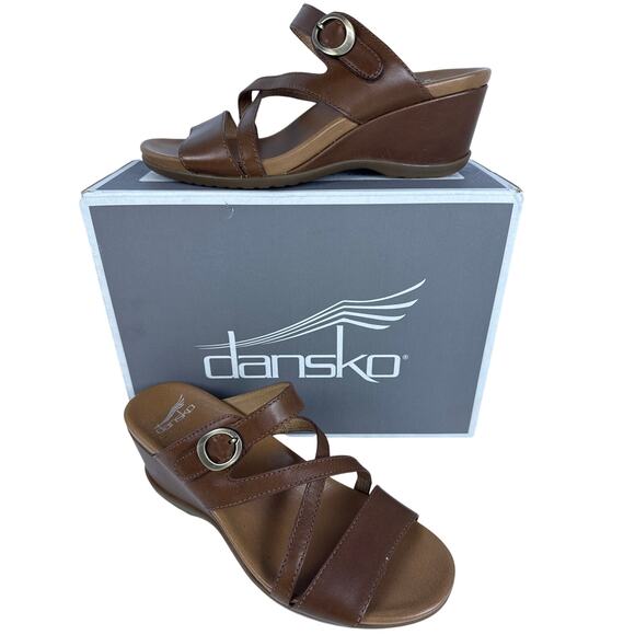 Dansko Sandals Ana Women's US 8.5-9  Leather Brown Glazed Open Toe Wedge Slip On - Picture 1 of 15
